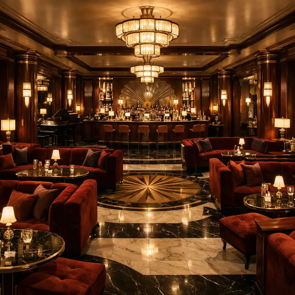 Atmoszférikus ElegantVenueHall grand lounge tér mélybordó bársonykanapékkal, márványburkolattal és arany részletekkel, meleg fényekben