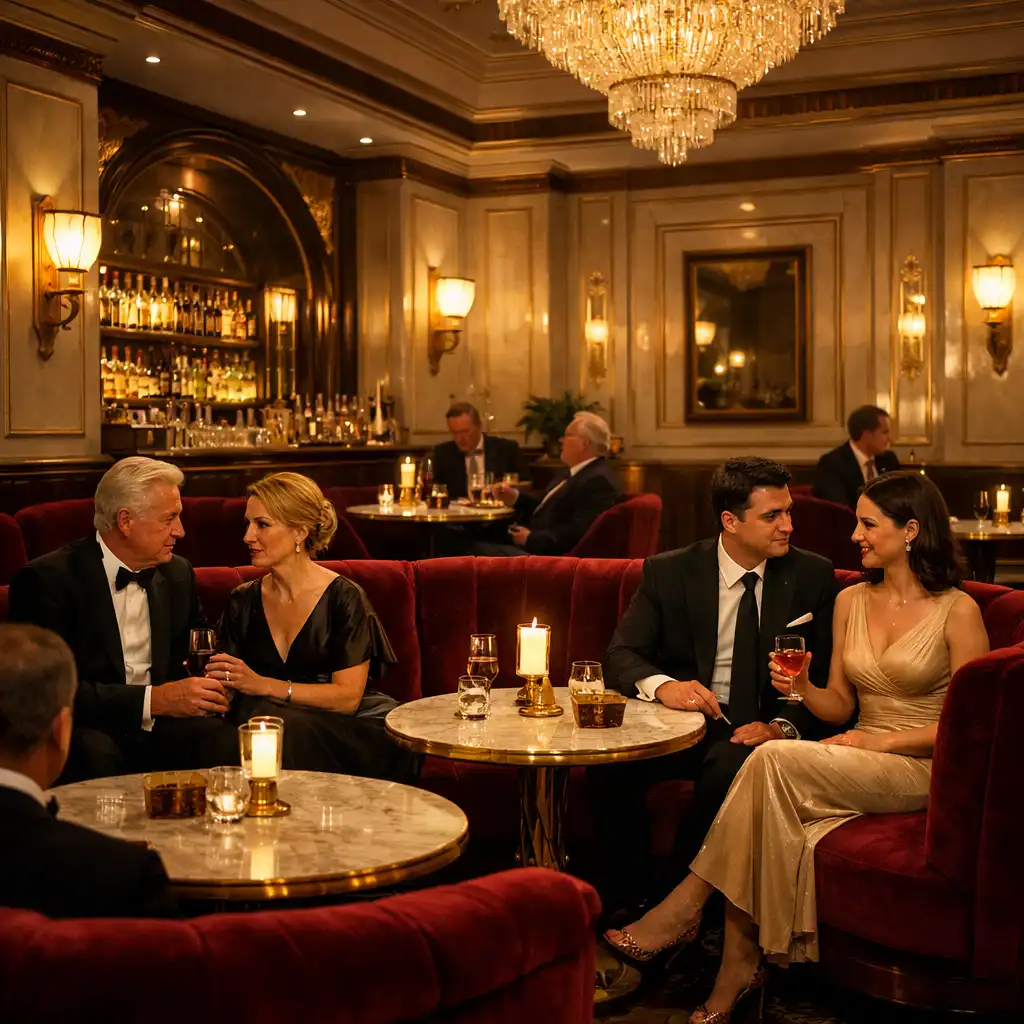 Art deco inspirációjú, mély burgundi és pezsgőarany színekkel berendezett luxus Grand Lounge belső tér