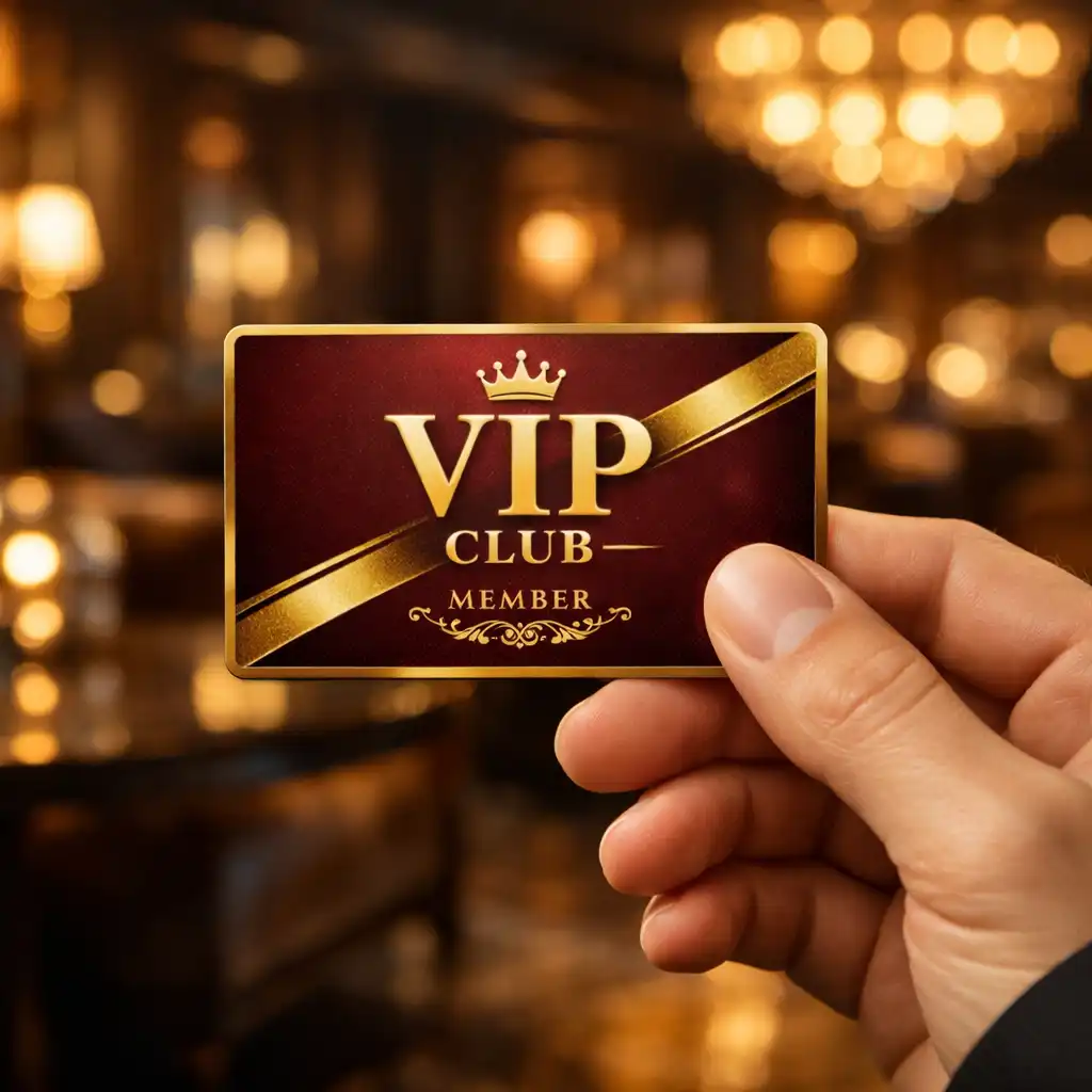 Elegáns, arany ElegantVenueHall klubkártyát tartó kéz, háttérben privát lounge részlettel